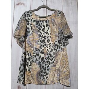 SIMONTON Says Women's XL Sheer Animal Paisley Print Flutter Sleeve Top Shirt
